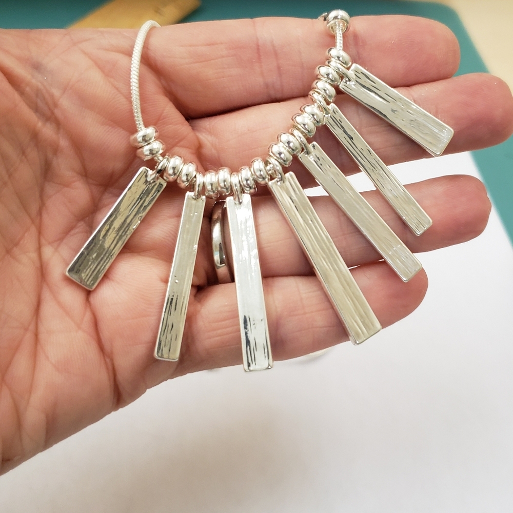 Belk Necklace earring set, sensitive skin, silver tone black textured bar dangle - Picture 9 of 10